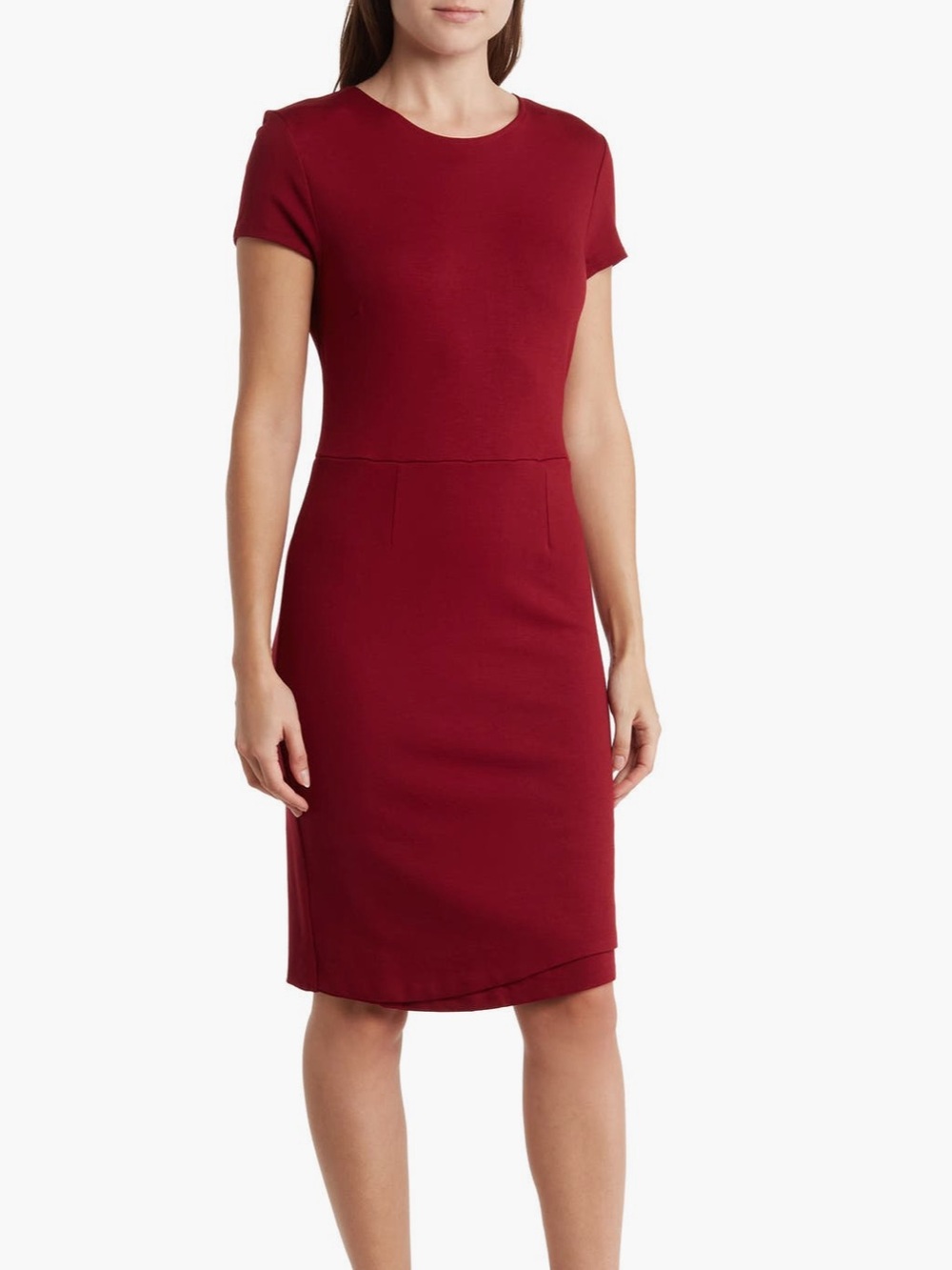 Carmen Marc Valvo Cap Sleeve Asymmetrical Hem Sheath Dress - Dark Cranberry